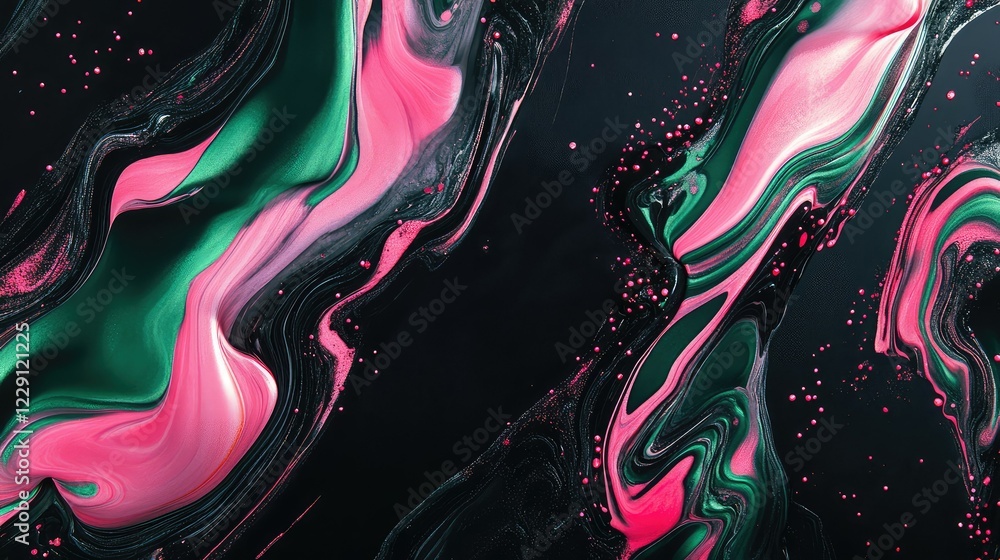 Poster abstract fluid art with swirls of pink and green over a dark background, capturing the dynamic motio