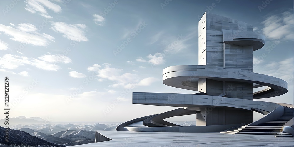 Poster minimalistic grey colored architecture in geometric adorned structures against a surreal backdrop, a