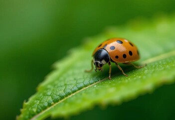 Fototapeta premium A close-up photo of a ladybug on a leaf with a blurred background of nature