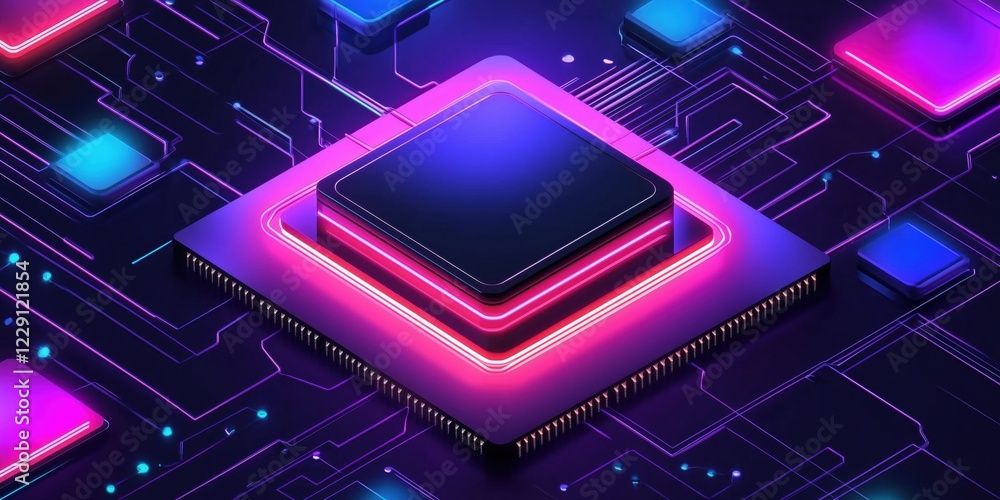 Poster futuristic cpu chip with neon lights and circuit board design, high-tech digital background, modern 