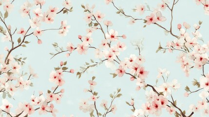 Fototapeta premium Delicate cherry blossom branches forming a seamless floral pattern against a pale blue sky
