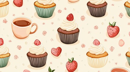 Colorful Cupcake and Strawberry Pattern with Coffee Background
