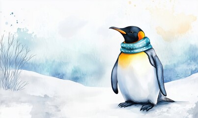 Fototapeta premium Emperor Penguin wearing blue scarf in snowy landscape, watercolor illustration, serene winter scene, soft colors, nature art