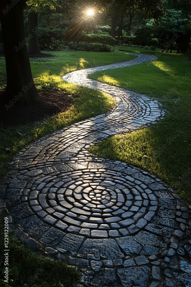 Poster a winding stone pathway in a tranquil garden, illuminated by sunlight filtering through the trees, c
