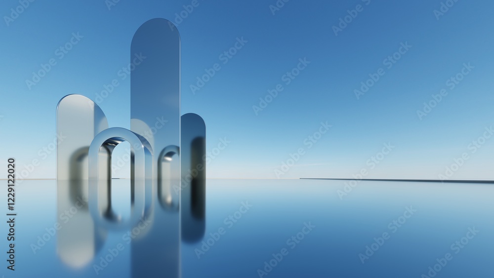 Poster 3d illustration of abstract minimal architecture background, geometric architectural with chrome or metallic arch design