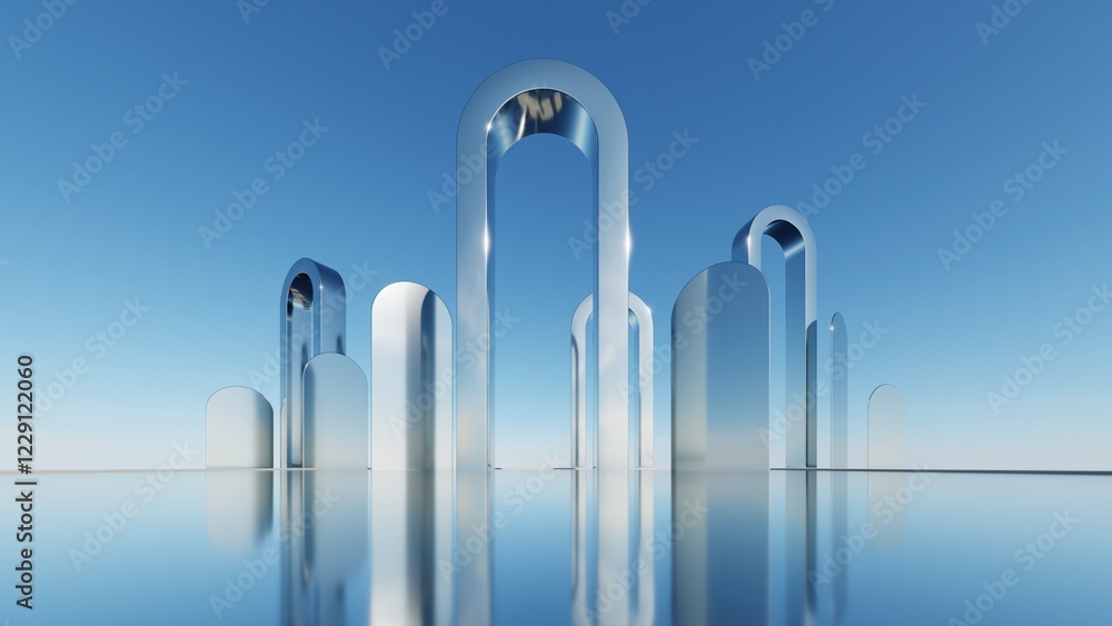 Poster 3d illustration of abstract minimal architecture background, geometric architectural with chrome or 