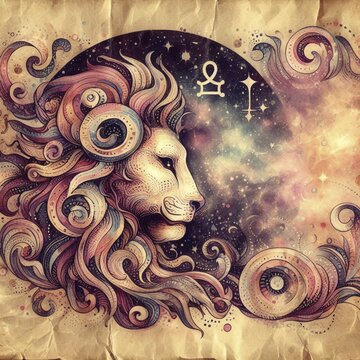 Leo, nemean lion zodiac astral ancient vintage antique card, astrology sign, constellation, july and august moth, ai art generated, AI generated