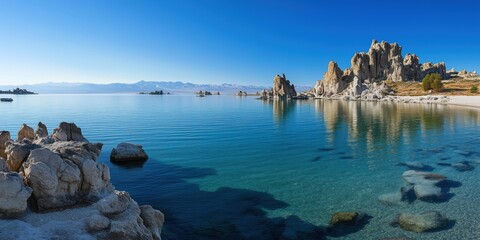 Mono Lake's Unique Tufa Towers and Crystal Clear Waters Reflecting Blue Sky and Mountains