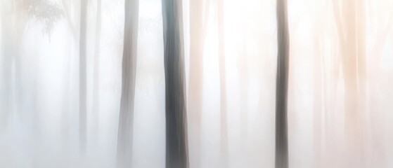 Fototapeta premium Soft fog blankets quiet forest with tall trees emerging from mist