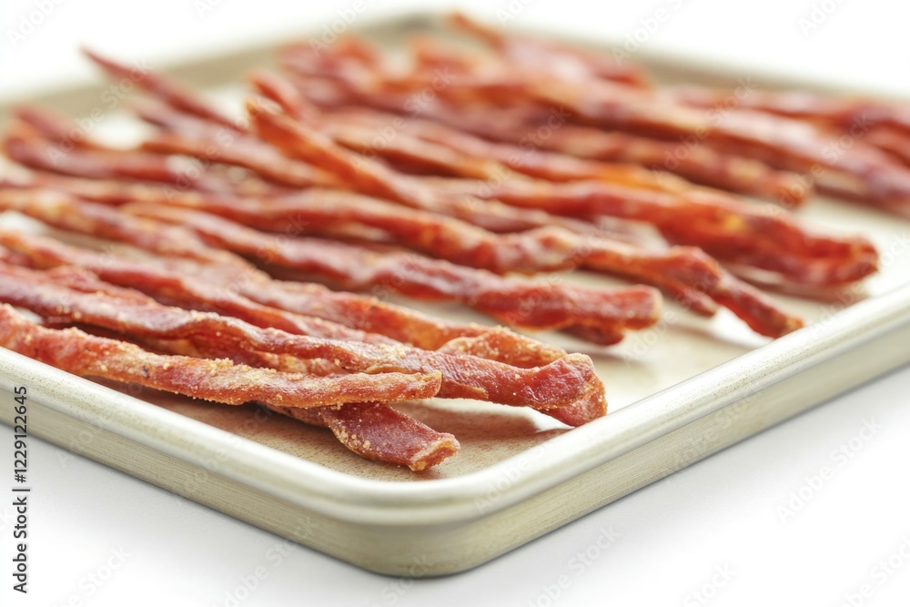 Poster a pan filled with crispy bacon on a table