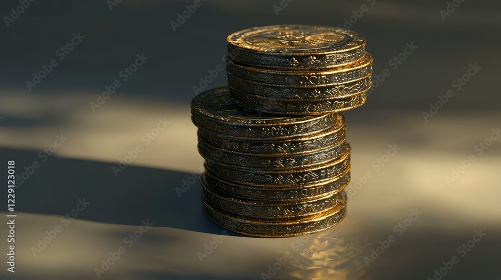 Poster stacked golden coins with intricate design and shadows