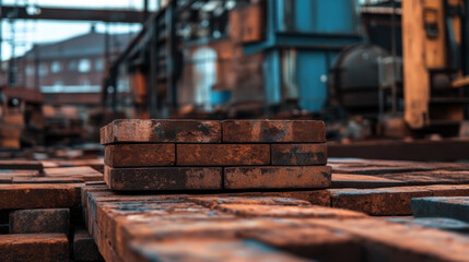 Industrial site with stacked bricks on heavy industry background, showcasing rugged and raw environment. scene evokes sense of hard work and craftsmanship