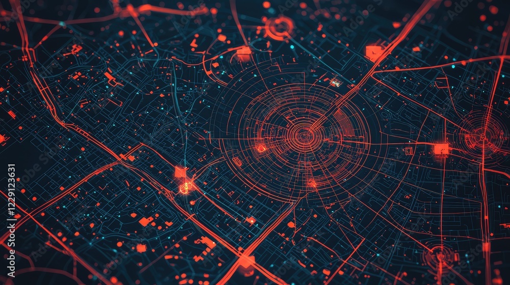 Poster abstract technology map with bright circles and dark background