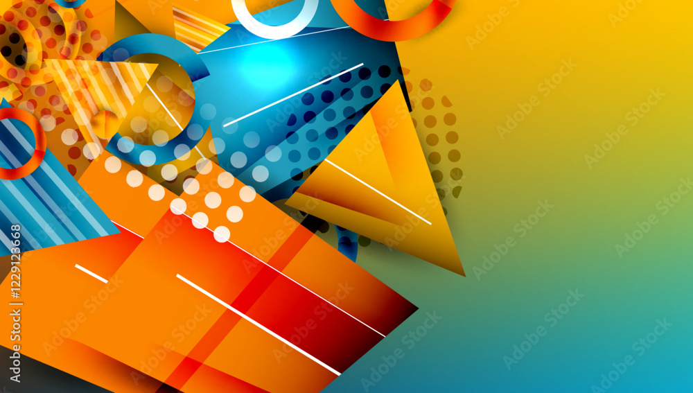 Poster abstract background - overlapping circles, rectangles, and triangles with vibrant gradients. semi-tr