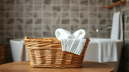Fototapeta premium Wicker basket with white towels on table in bathroom. Space for text. Generative AI