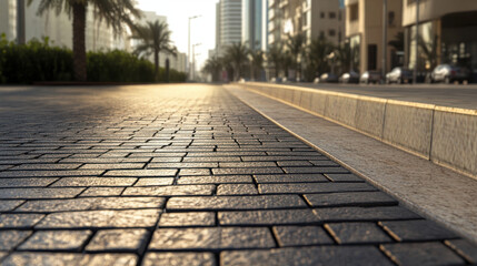 sunlit urban street with textured pavement and palm trees lining road, creating serene atmosphere