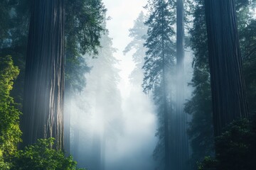 Obraz premium Soft fog blankets quiet forest with tall trees emerging from mist