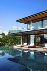 Fototapeta premium Luxurious wooden house with swimming pool reflecting the opulence of billionaires nestled in sumptuous surrounding, AI generated