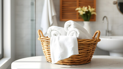 Wicker basket with white towels on table in bathroom. Space for text. Generative AI