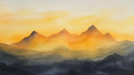 Fototapeta premium Beautiful watercolor painting of a sunrise over a misty mountain range, showcasing vibrant colors and tranquil scenery.