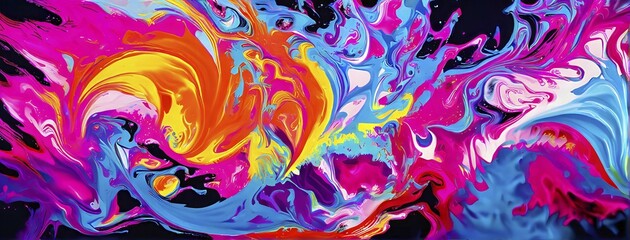 Abstract digital canvas painting dominated by swirling spirals myriad of bright clashing neon colors, AI generated