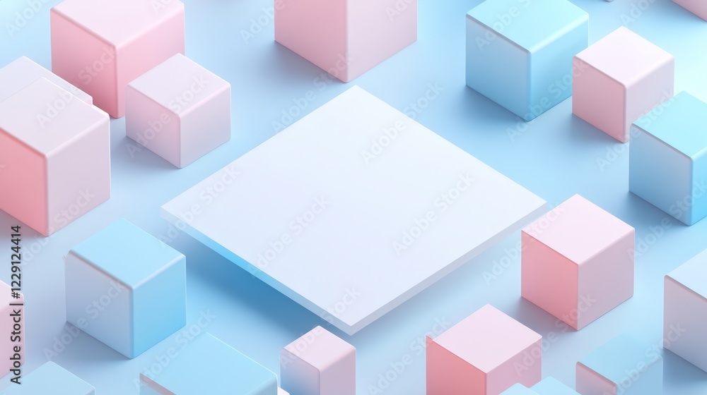 Poster a visually appealing arrangement of pastel-colored geometric shapes against a soft gradient backgrou
