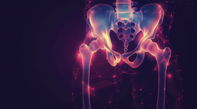Abstract digital illustration of human pelvis bones in red and purple hues within a network design, ai generated, AI generated