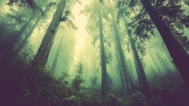 Fototapeta Soft fog blankets quiet forest with tall trees emerging from mist