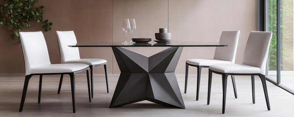 Contemporary dining set with sharp-edged chairs and tempered glass tabletop