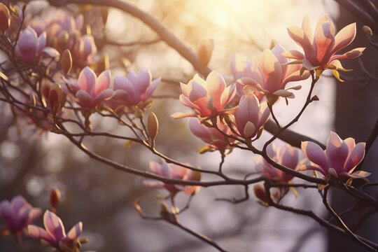 Manolia flowers blooming on tree in early spring. KI generiert, generiert AI generated