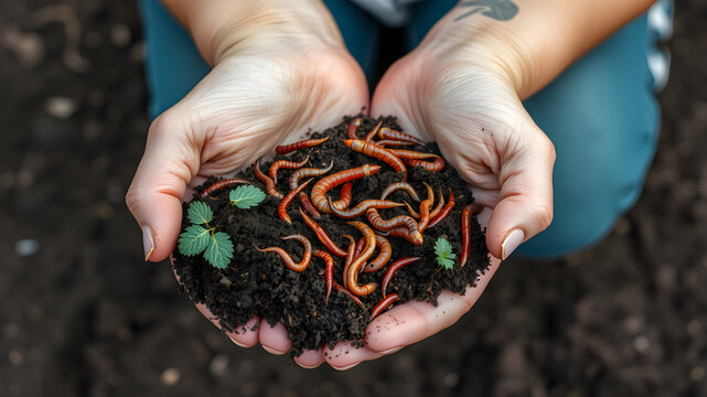 Woman holding soil with earthworms above ground, closeup. Space for text