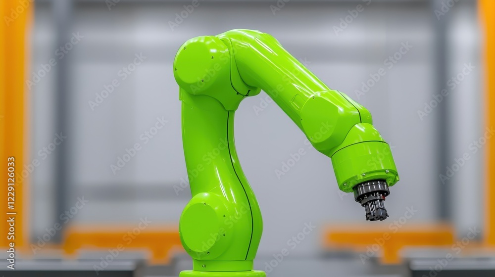 Poster a vibrant green robotic arm poised for action in an industrial setting, showcasing advanced automati