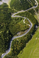 Drone shot, winding mountain road, Hahntennjoch, Lechtaler Alps, Tyrol, Austria, Europe