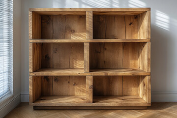 modern wooden bookcase with six open compartments, showcasing natural finish and clean lines, perfect for organizing books and decor