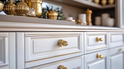 Elegant brass knobs and handles shine under sunlight, bringing sophistication and a timeless charm to the cabinetry.  