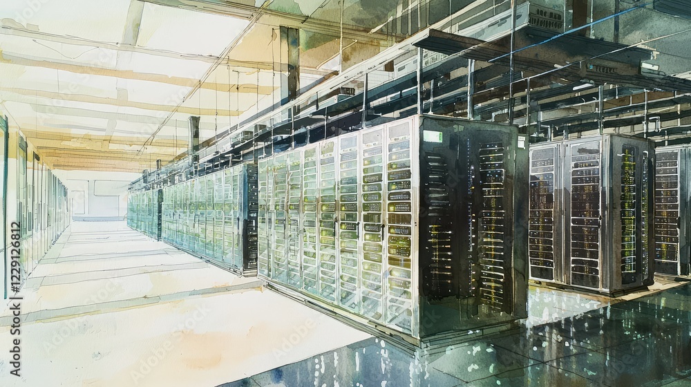 Aufkleber modern data center with rows of server racks and bright lighting