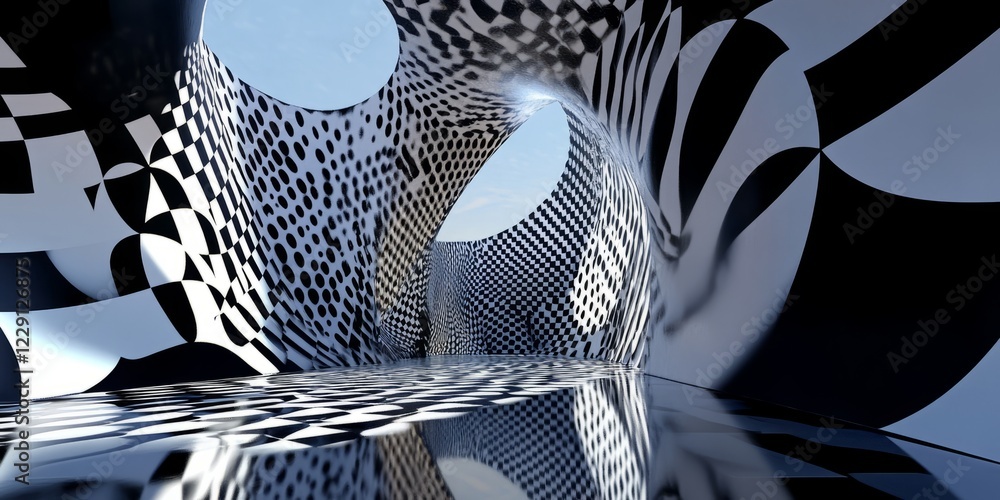 Poster a visually striking abstract tunnel featuring black and white geometric patterns with reflective sur