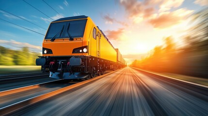 Obraz premium A vibrant orange train speeds along the tracks, showcasing motion and energy against a stunning sunset backdrop. Perfect for transport and travel themes.