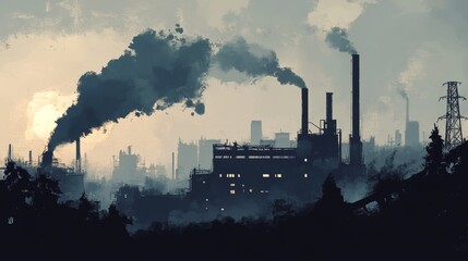 Fototapeta premium A dramatic silhouette of an industrial skyline featuring smokestacks emitting dark smoke. The scene reflects pollution and environmental concerns against a hazy sunset backdrop.