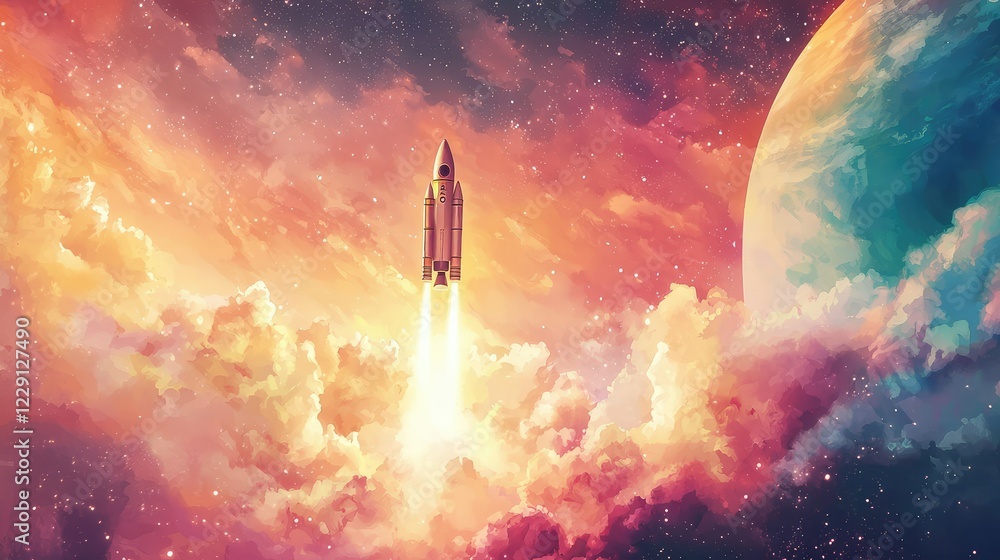 Poster rocket launch in colorful space with clouds and planets surrounding