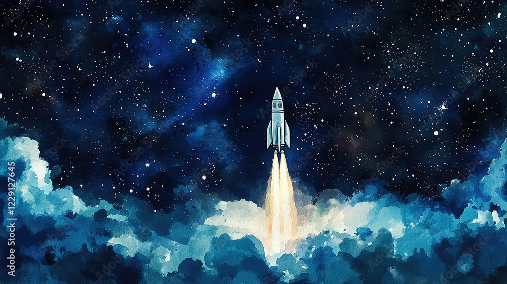 Aufkleber rocket launch into deep space with colorful starry background