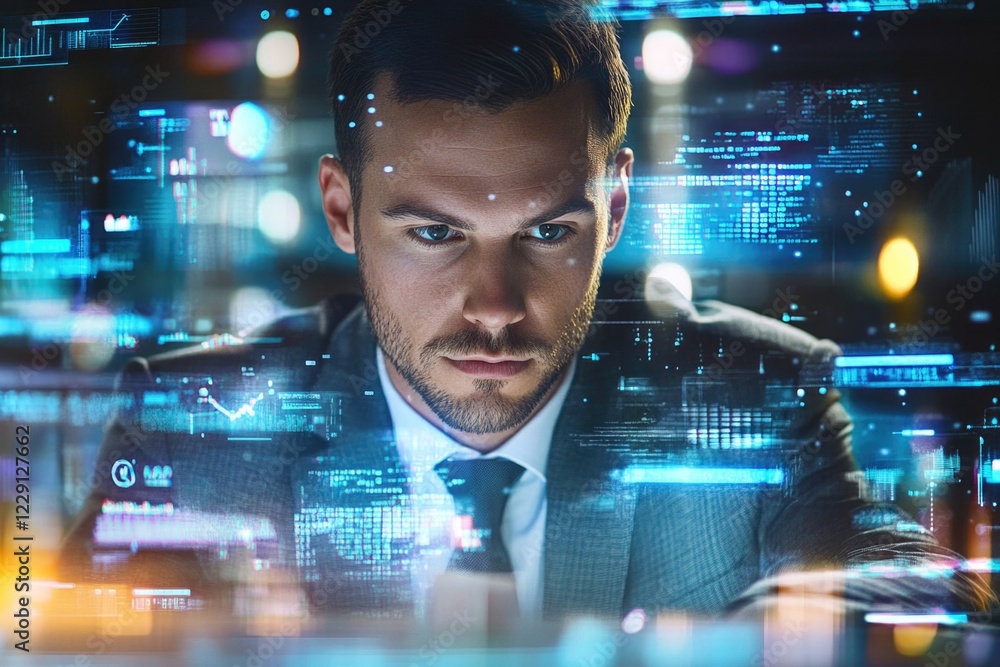 Poster a person wearing a suit looks intently at a computer monitor, possibly reviewing data or working on 