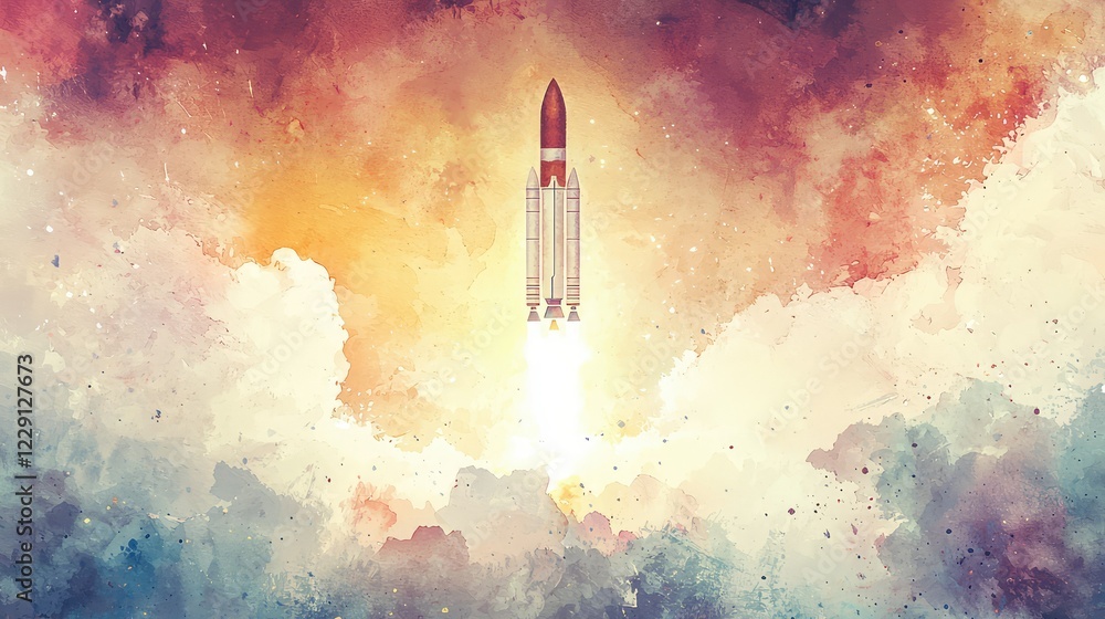 Poster rocket launch in colorful sky with abstract clouds and space background
