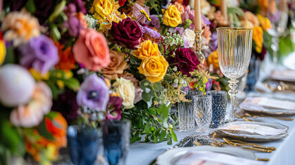 Elegant royal dining table adorned with luxurious floral arrangements for wedding or event, vintage tableware, and candles in a classic English countryside manor, creating a romantic and sophisticated