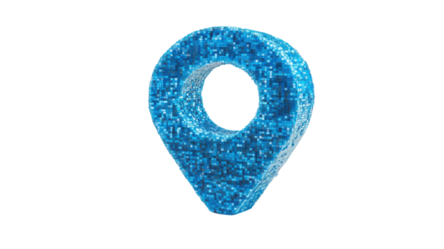 Digital blue pixelated map pin on transparent background. Transparent background