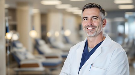 Fototapeta premium Smiling Chemotherapy Specialist in a Comfortable Treatment Center (Healthcare)