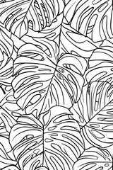 Coloring page of monstera leaves, simple line art style, white background, seamless pattern