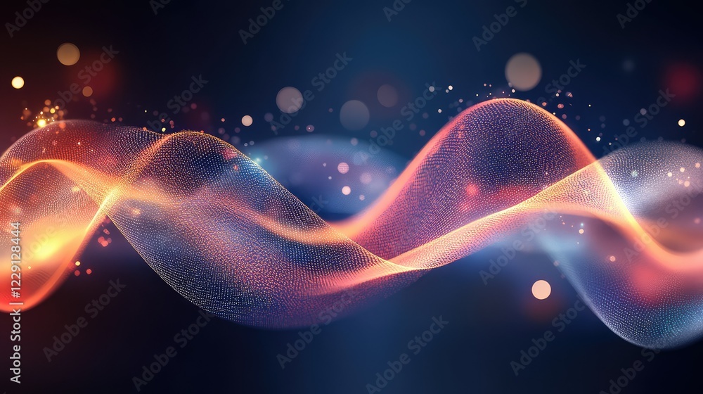 Poster colorful abstract wave pattern with glowing particles and smooth curves creating a dynamic visual ef