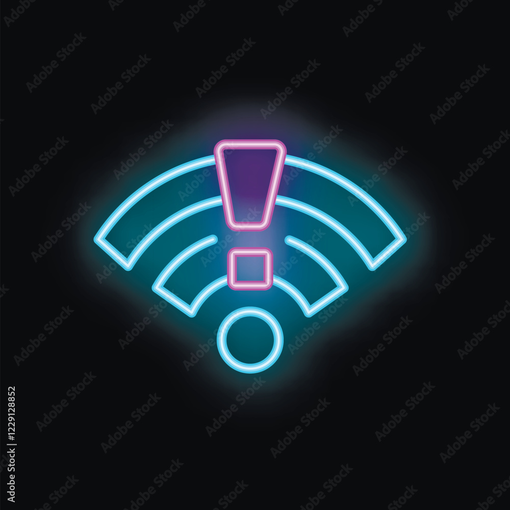 Poster bright neon wifi sign is glowing with an exclamation point warning of no internet connection