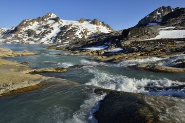 Ammassalik Island, river running into Sammileq Fjord, East Greenland, Kalaallit Nunaat, Greenland, North America